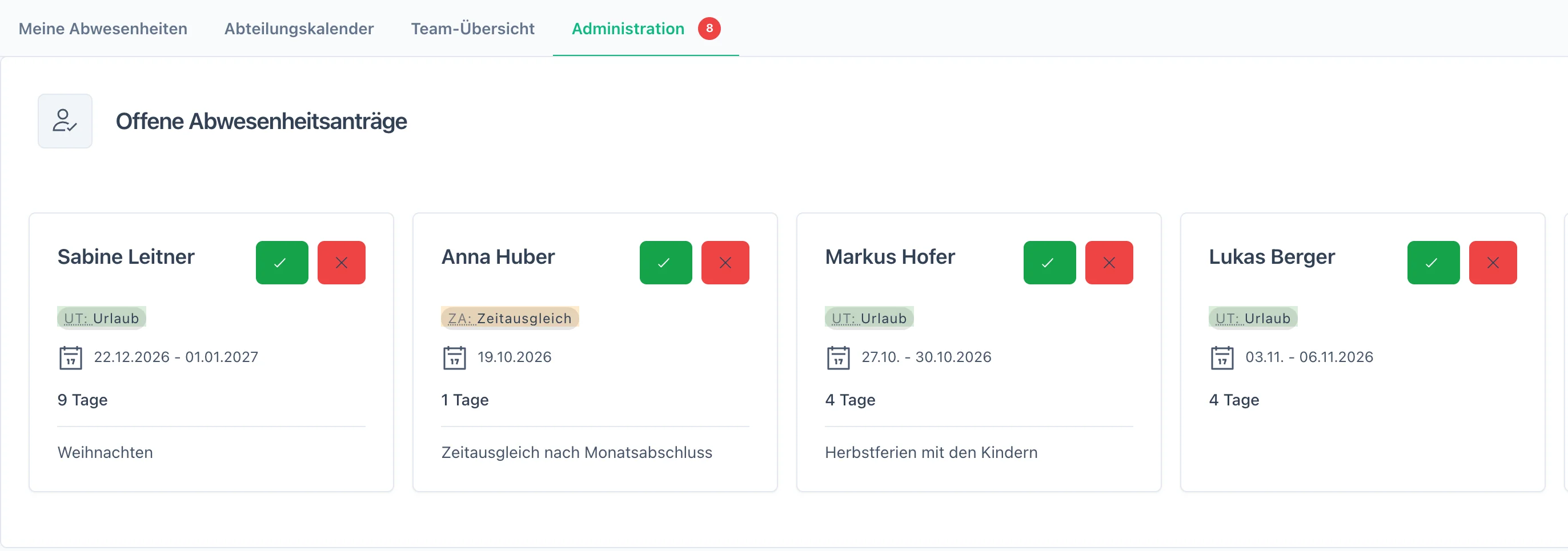 Offene Abwesenheitsanträge mit Mitarbeiter, Art, Zeitraum, Tagen und Kommentar, je Antrag Knöpfe zum Genehmigen und Ablehnen