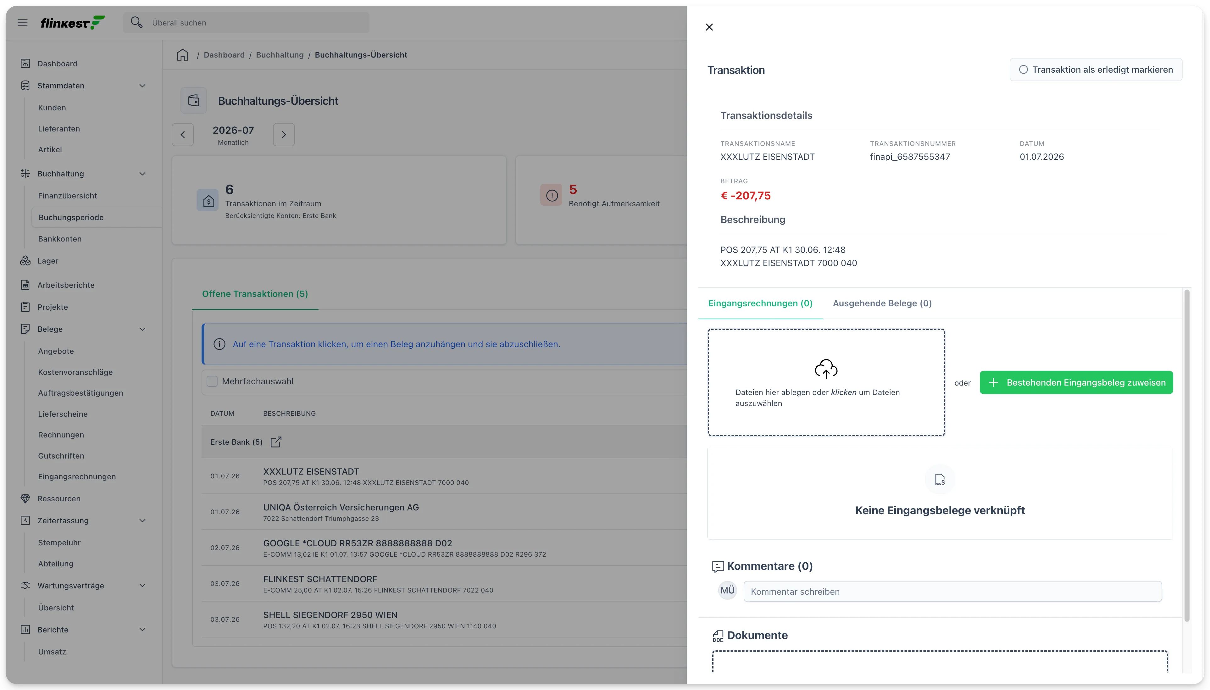 Transaktions-Sidebar zum Anhängen eines Belegs oder Zuweisen eines bestehenden Eingangsbelegs