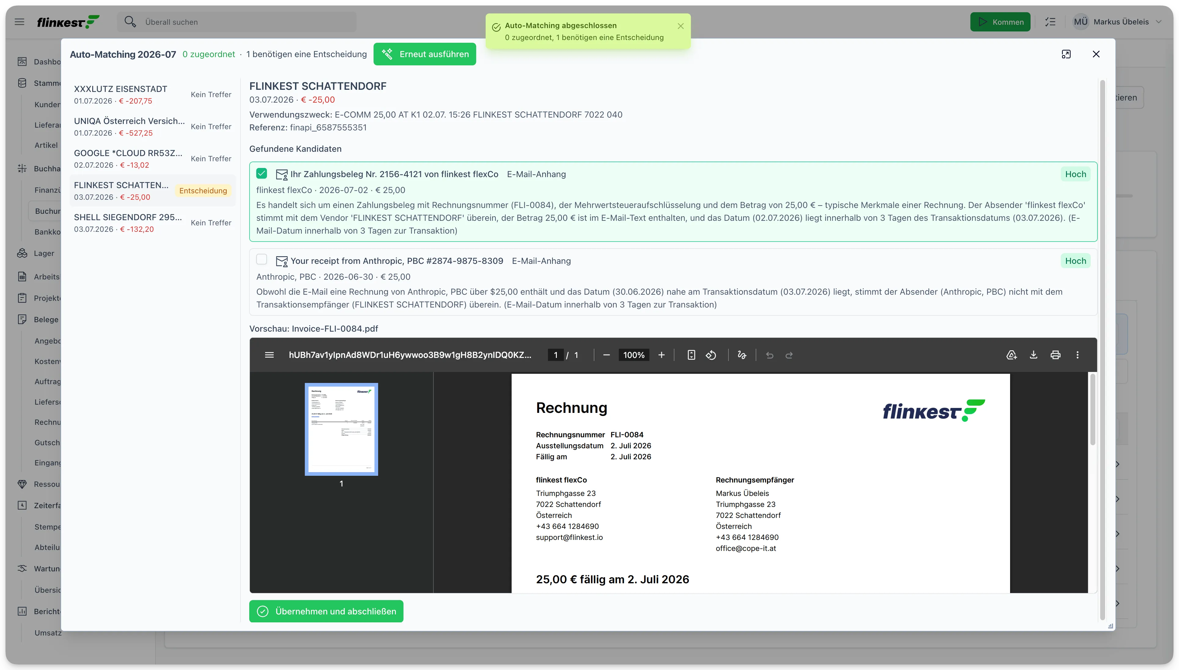 Auto-Matching-Dialog mit KI-gefundenen Beleg-Kandidaten, Konfidenz „Hoch", Begründung und PDF-Vorschau