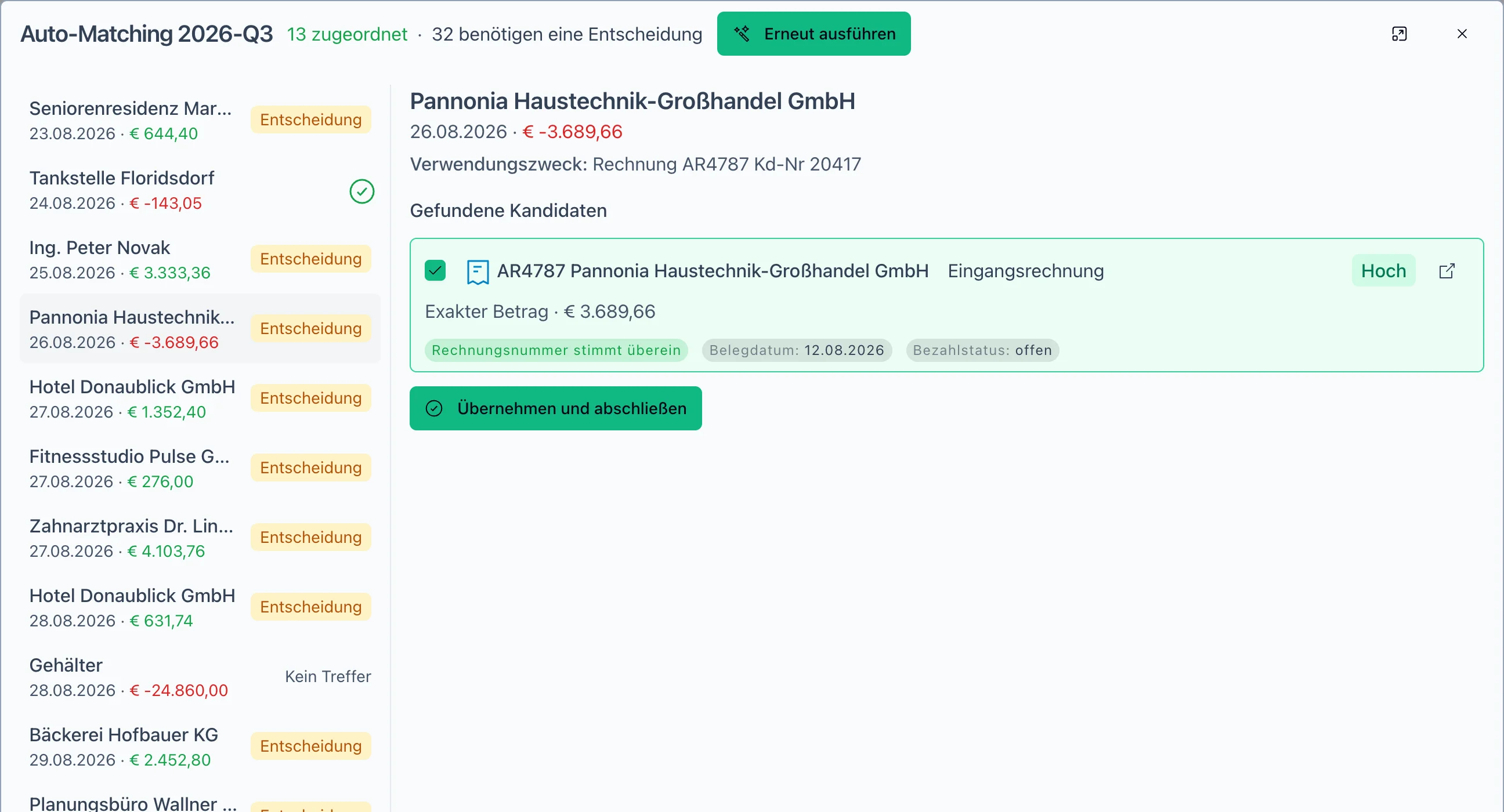 Bank-Abgleich: zur Abbuchung schlägt flinkest die passende Rechnung mit hoher Sicherheit vor