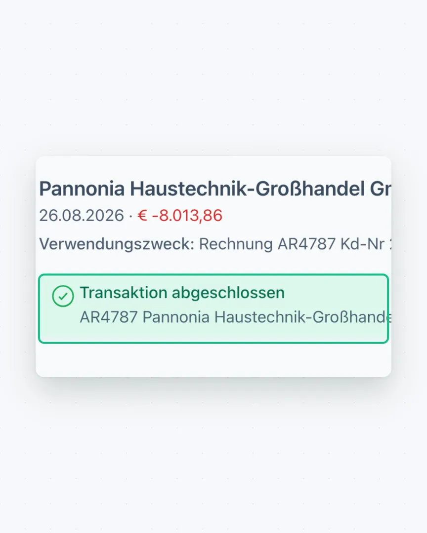 Der automatische Abgleich prüft die Bankbuchungen eines Quartals, findet zur Abbuchung an den Großhändler die Eingangsrechnung mit exaktem Betrag und passender Rechnungsnummer, ein Klick schließt die Buchung ab