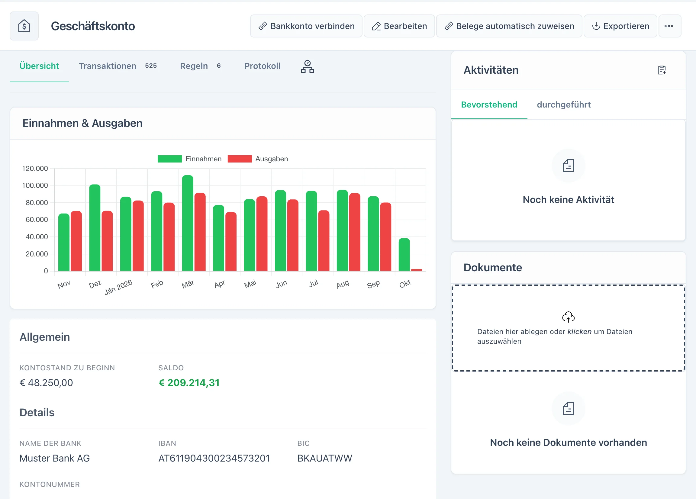 Geschäftskonto in flinkest: Einnahmen und Ausgaben je Monat als Diagramm, Kontostand und Bankdaten, Reiter für Transaktionen, Regeln und Protokoll