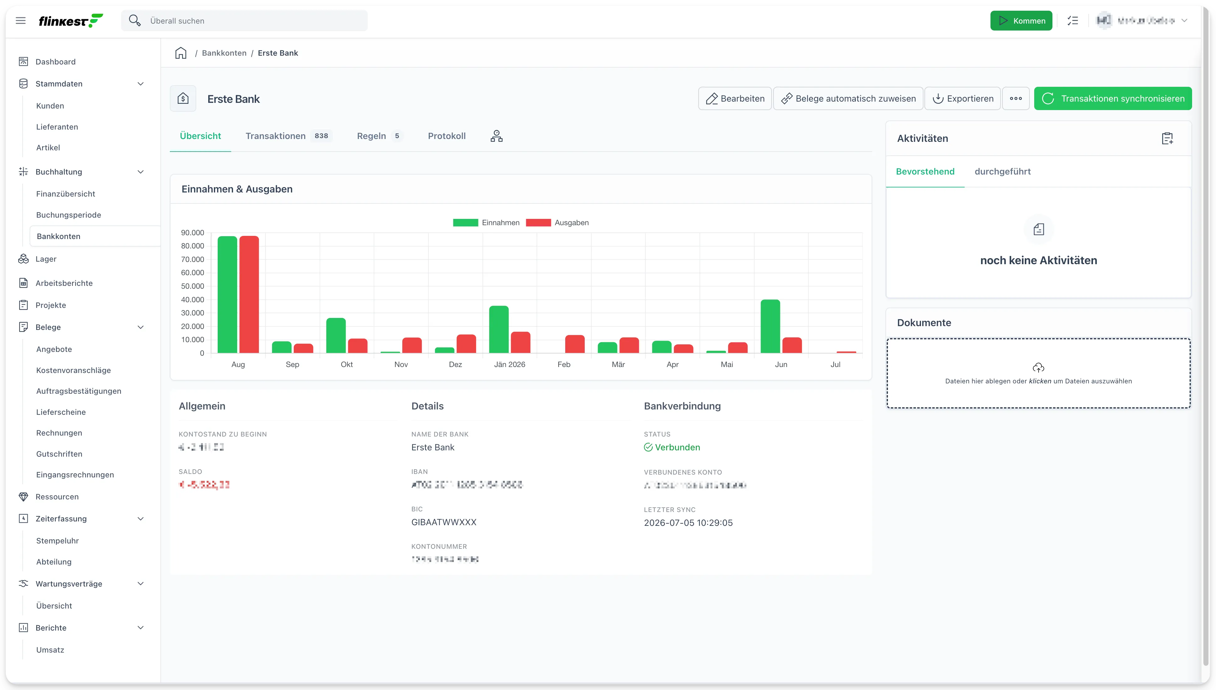 Bankkonto-Detailansicht mit Verbindungsstatus, Sync-Button und Tabs Übersicht, Transaktionen, Regeln und Protokoll