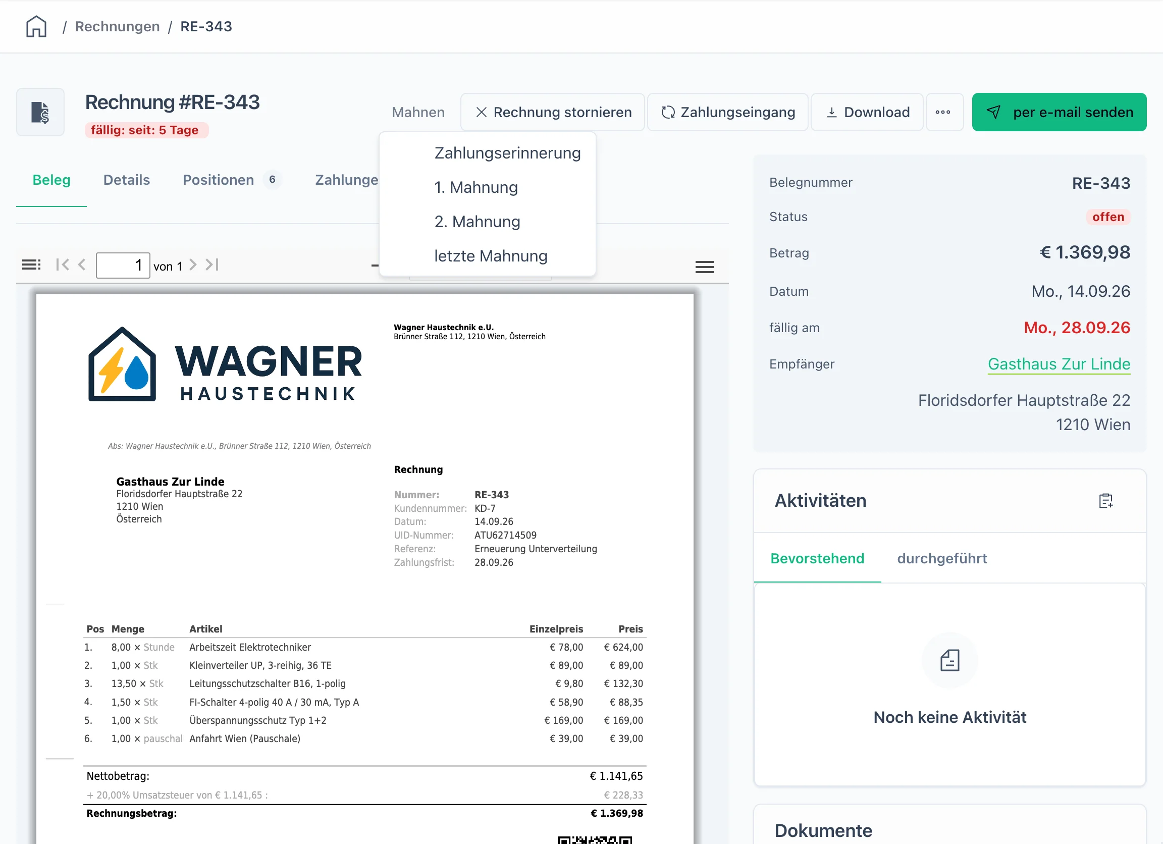 Überfällige Rechnung RE-343, Menü „Mahnen" mit Zahlungserinnerung, 1. Mahnung, 2. Mahnung und letzter Mahnung