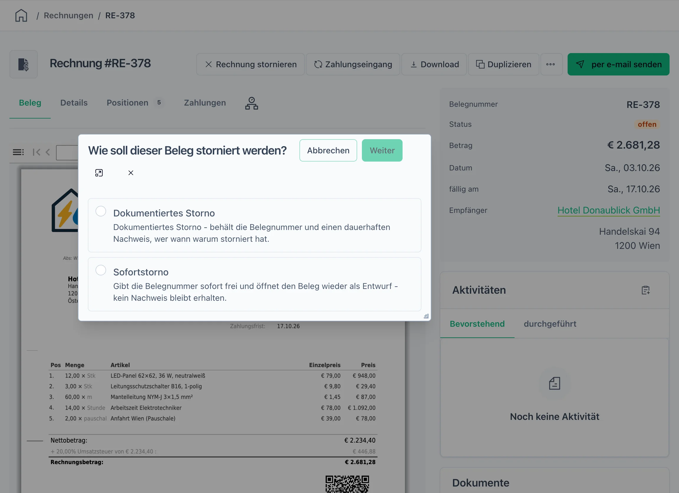 Rechnung RE-378 mit dem Dialog „Wie soll dieser Beleg storniert werden?": dokumentiertes Storno oder Sofortstorno