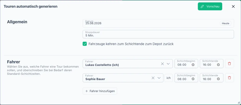 Tourenvorschlag mit Stopp-Liste und Route auf der Karte fuer zwei Fahrer