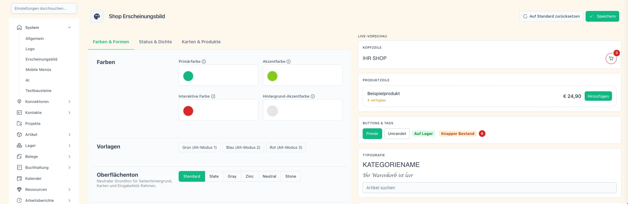 Shop-Designer mit Farbauswahl und Live-Vorschau des Bestell-Portals