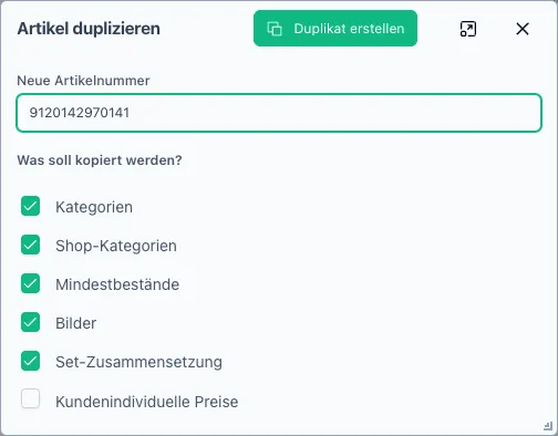 Dialog zum Duplizieren eines Artikels mit Auswahl der zu kopierenden Daten