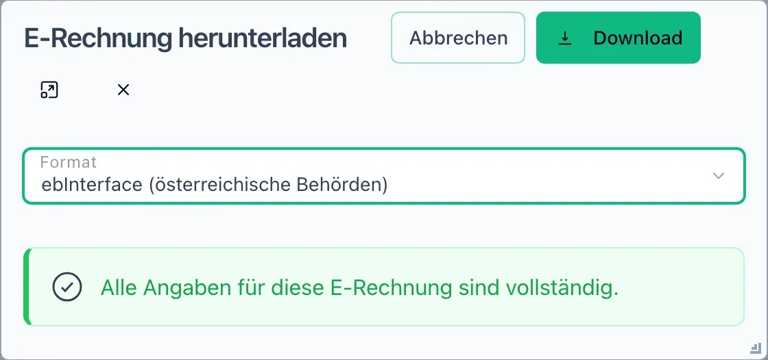 Dialog „E-Rechnung herunterladen“ mit Format ebInterface und dem Hinweis, dass alle Angaben vollständig sind