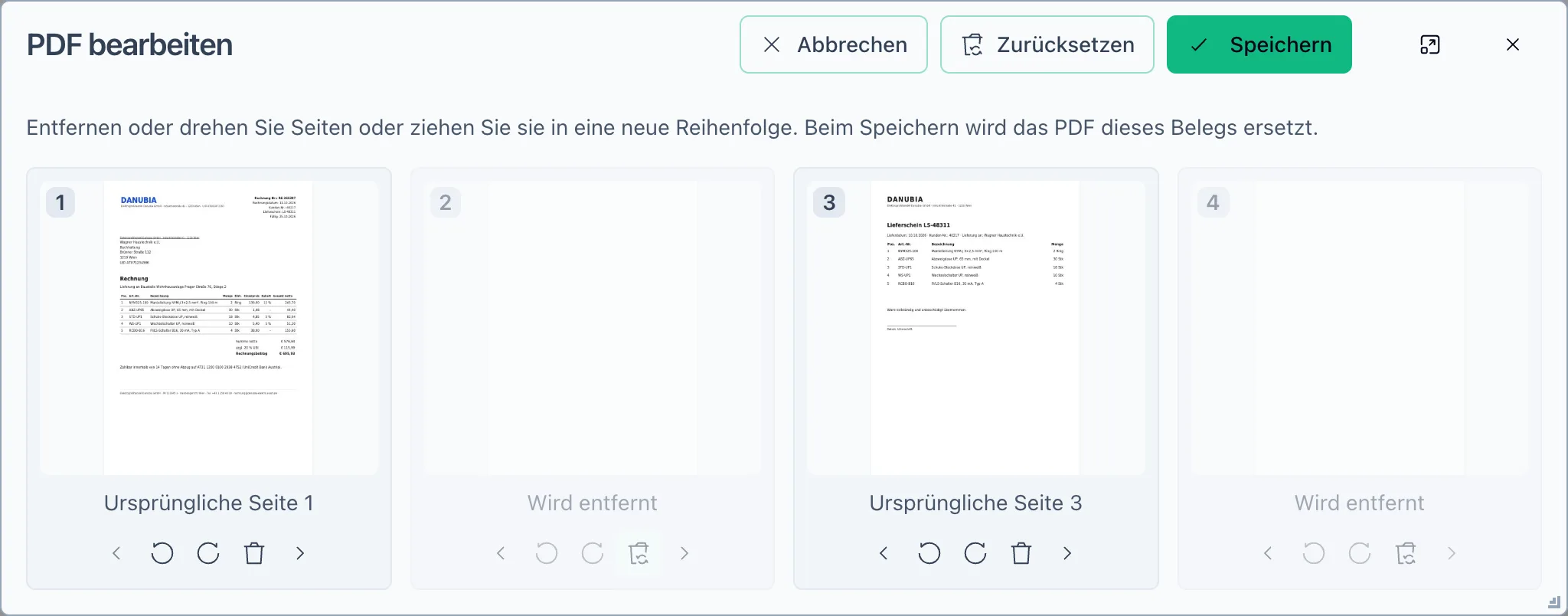 PDF bearbeiten: vier Seiten eines Duplex-Scans, die leeren Rückseiten 2 und 4 sind zum Entfernen markiert