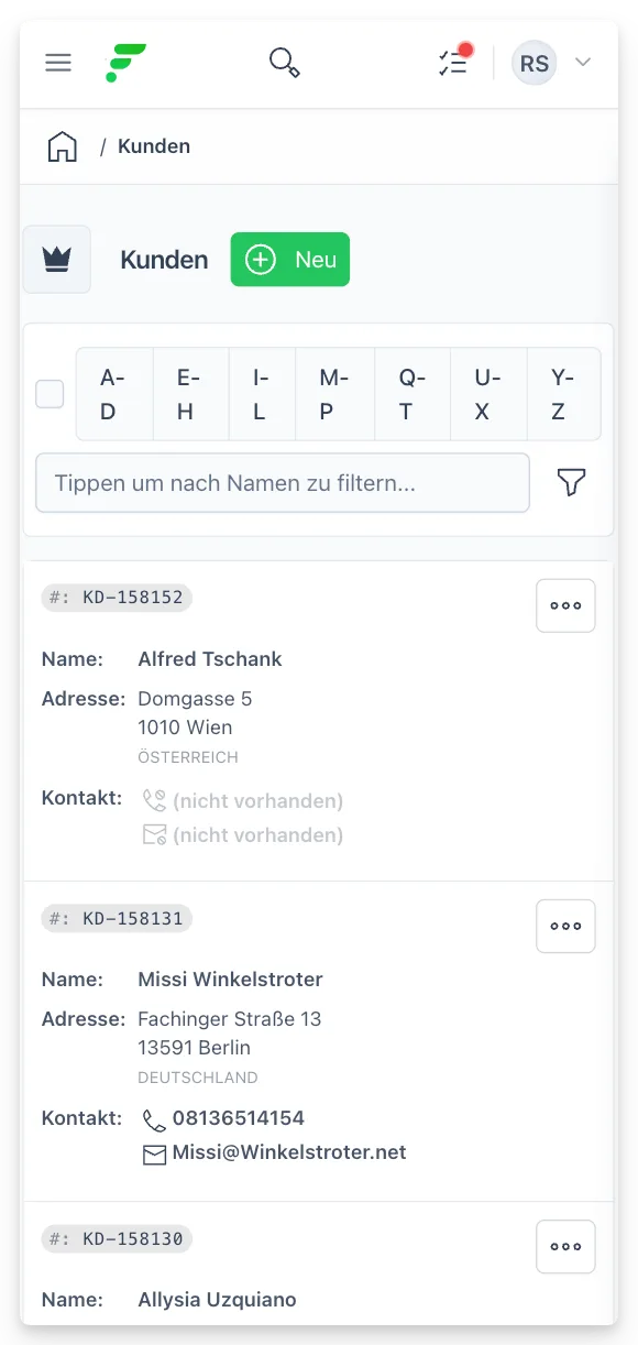 Kontakt-Liste in flinkest, mobile Ansicht