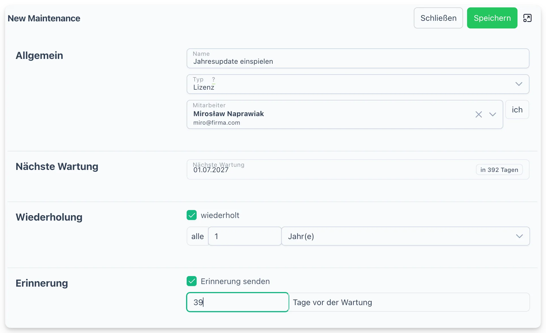 Dialog: Neue Wartung am Gerät, wiederkehrend mit E-Mail-Erinnerung