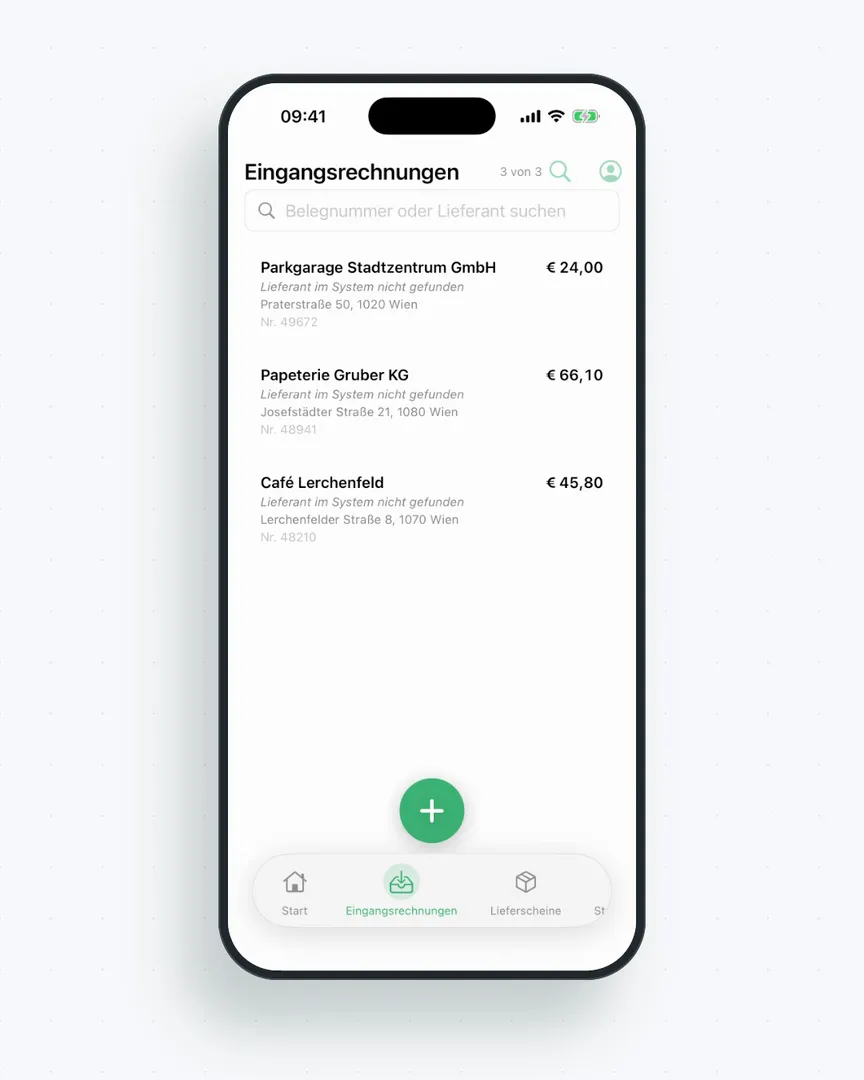 flinkest-App: Kassenbon von Papier & Co fotografieren, danach mit Lieferant und Betrag in den Eingangsrechnungen