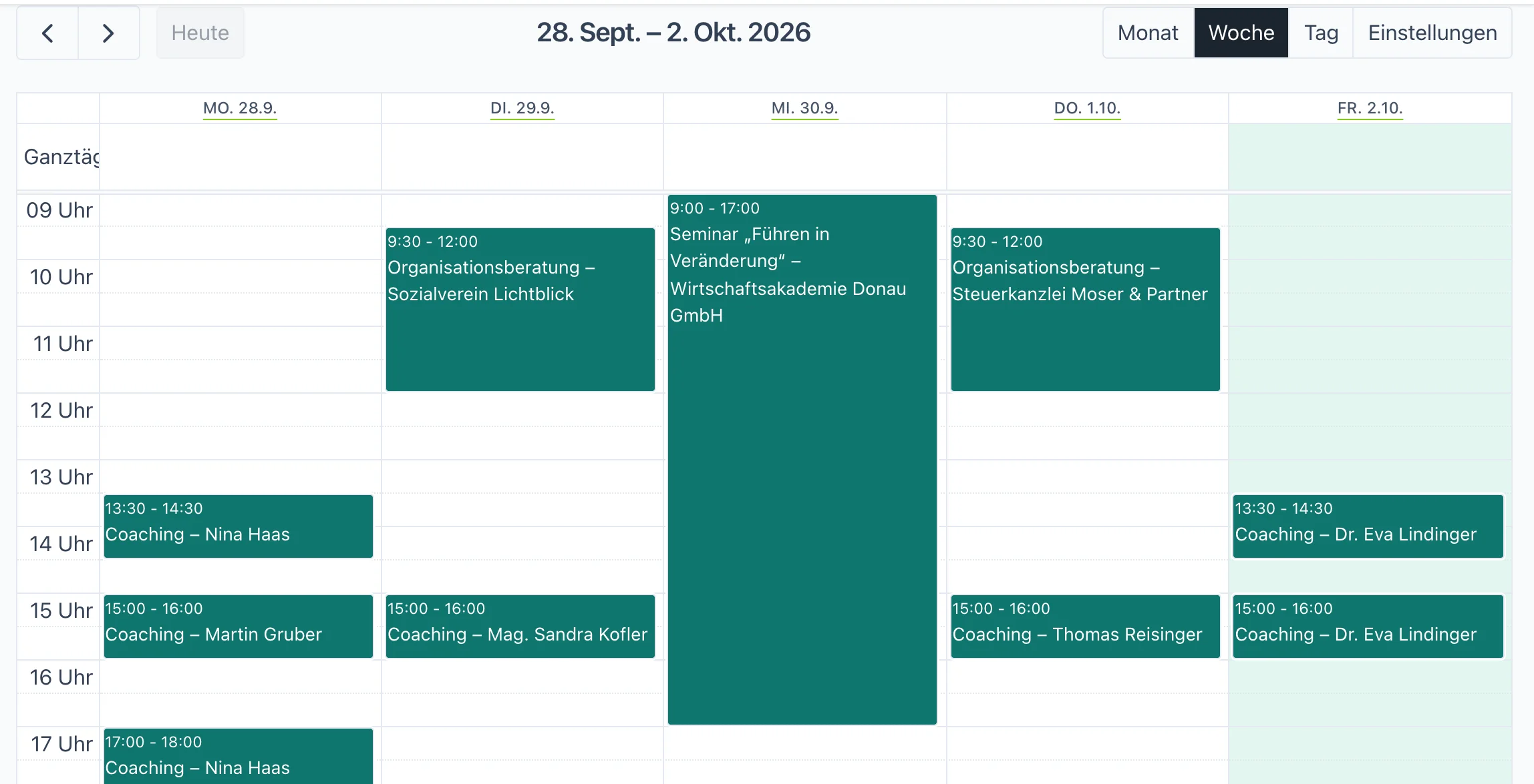 Wochenkalender einer Trainerin mit Coaching-Terminen, einem Seminartag und Beratungsterminen bei Firmenkunden