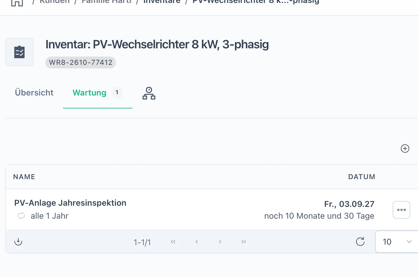 Wartungsplan am PV-Wechselrichter: PV-Anlage Jahresinspektion, alle 1 Jahr, nächster Termin in knapp elf Monaten