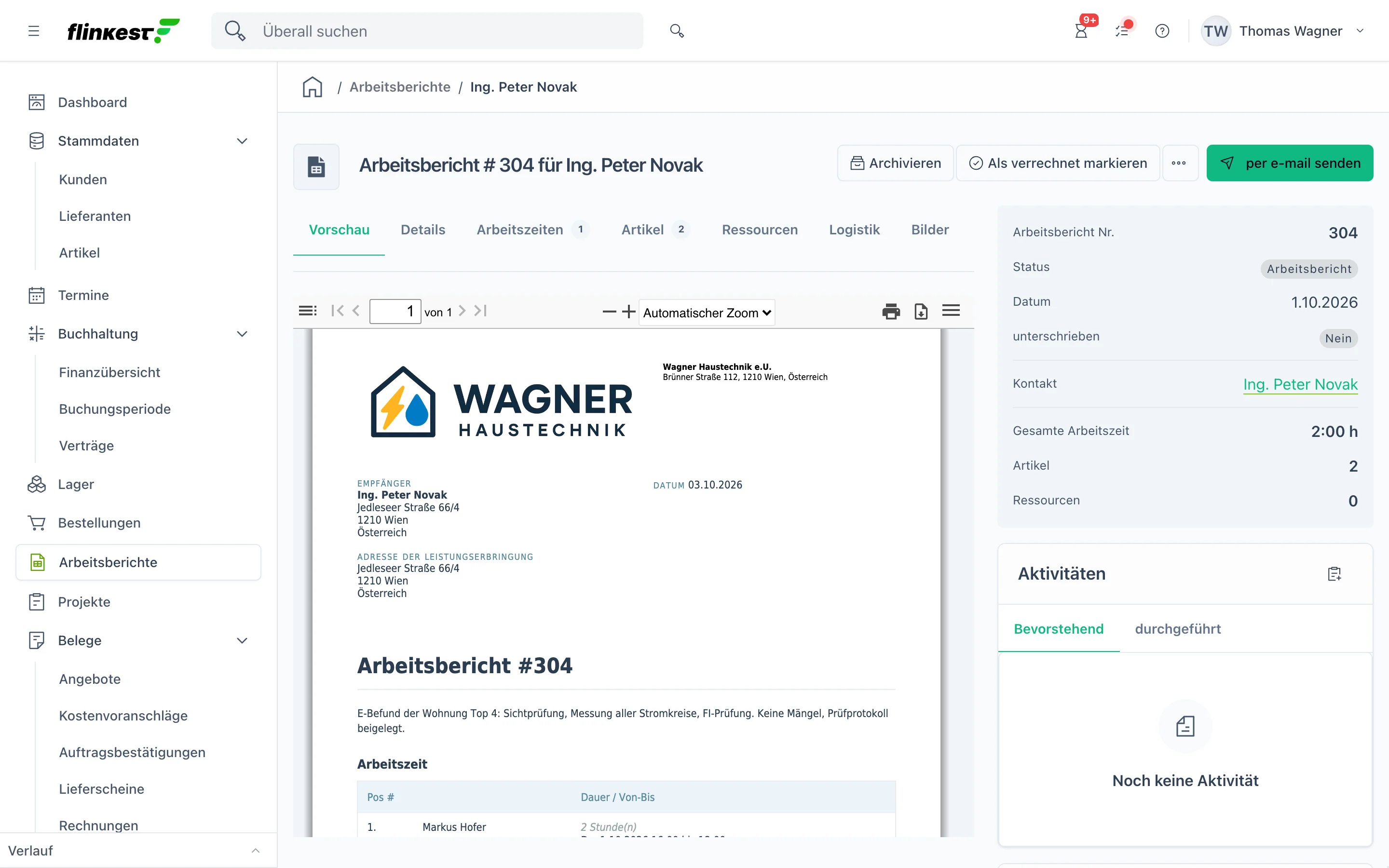 PDF des Regieberichts zum E-Befund mit Logo von Wagner Haustechnik, Beschreibung der Prüfung und Arbeitszeit