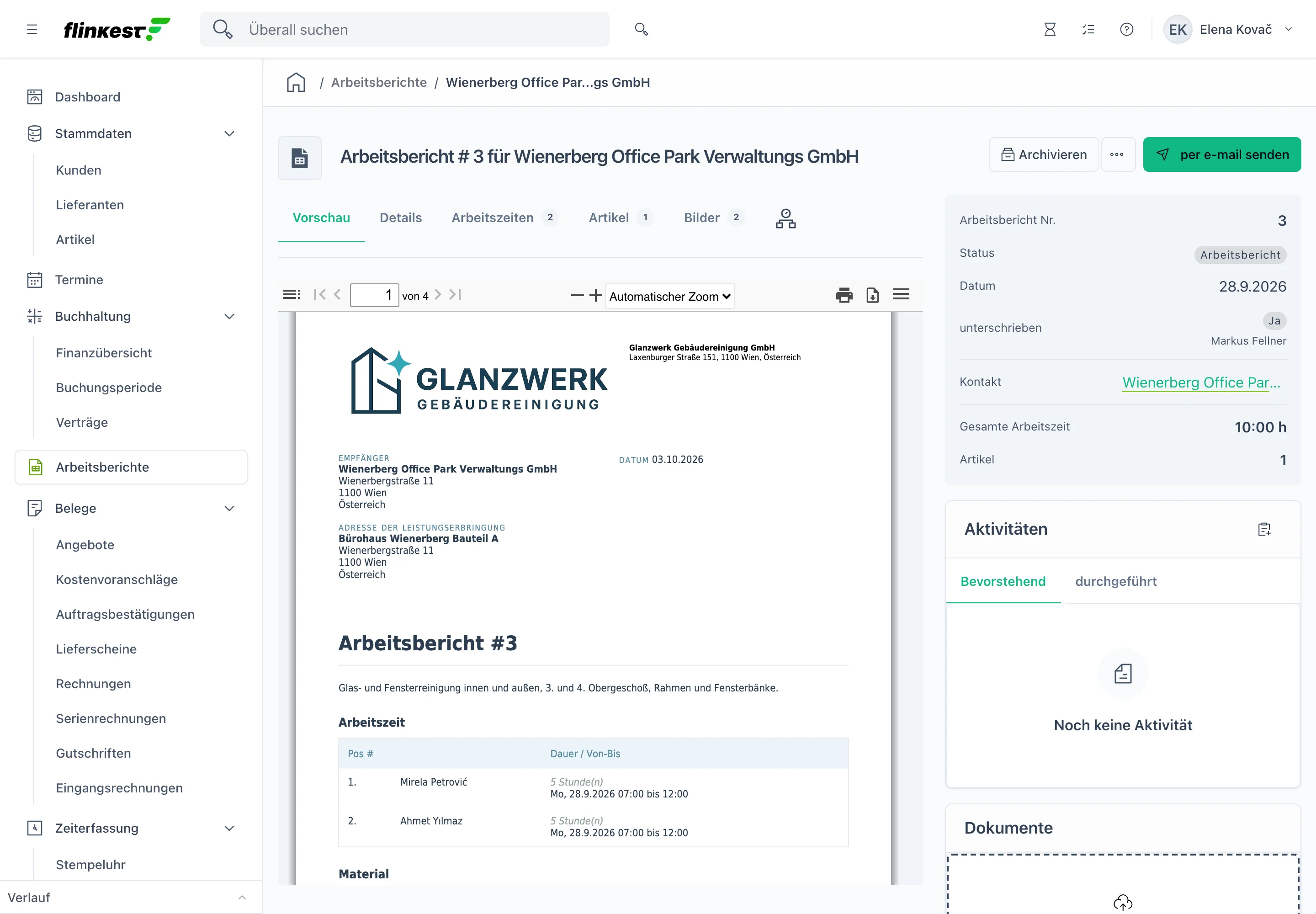 Arbeitsbericht als PDF: Glas- und Fensterreinigung im Bürohaus Wienerberg Bauteil A, Zeiten der Reinigungskräfte, Fotos und Unterschrift des Facility Managements
