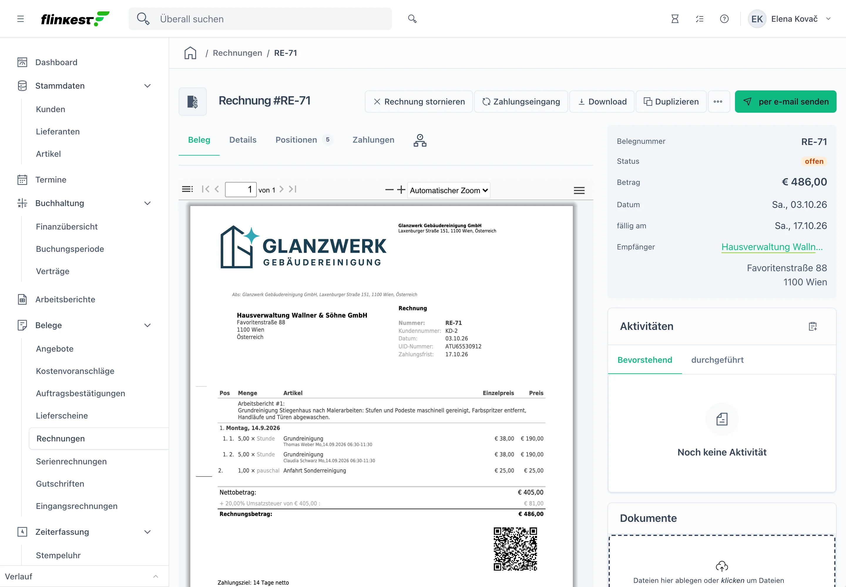 Rechnung RE-71 an die Hausverwaltung Wallner aus einem Arbeitsbericht: Grundreinigung mit den Stunden der einzelnen Reinigungskräfte als Positionen