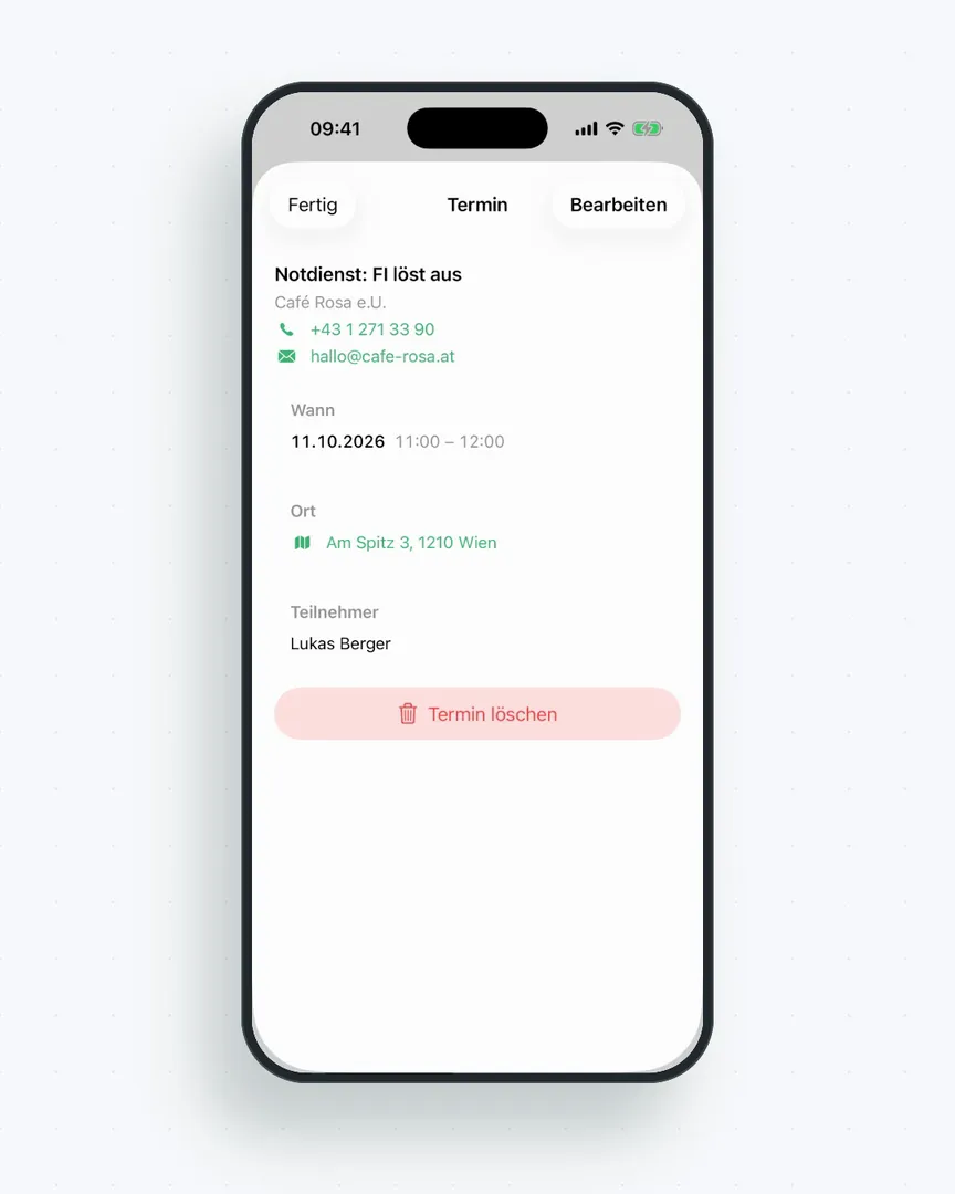 flinkest-App auf der Baustelle: Termin mit Adresse, laufende Arbeitszeit am Sperrbildschirm und abgeschlossener Arbeitsbericht