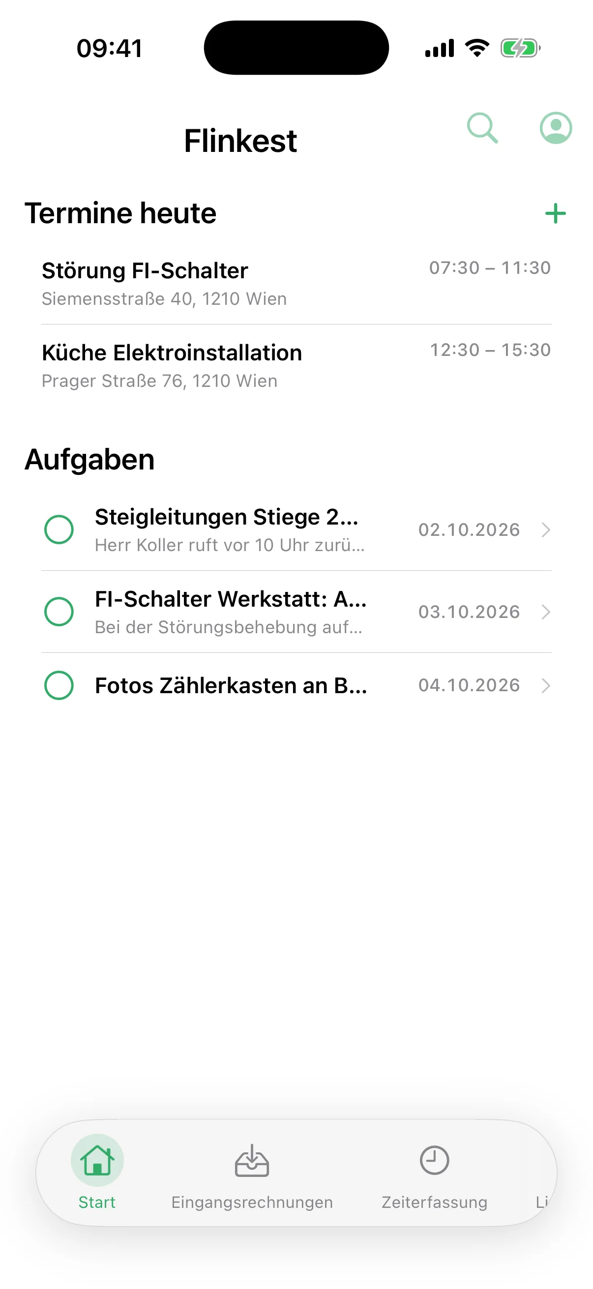 Startseite der flinkest-App eines Monteurs: Termine von heute und offene Aufgaben mit Fälligkeit