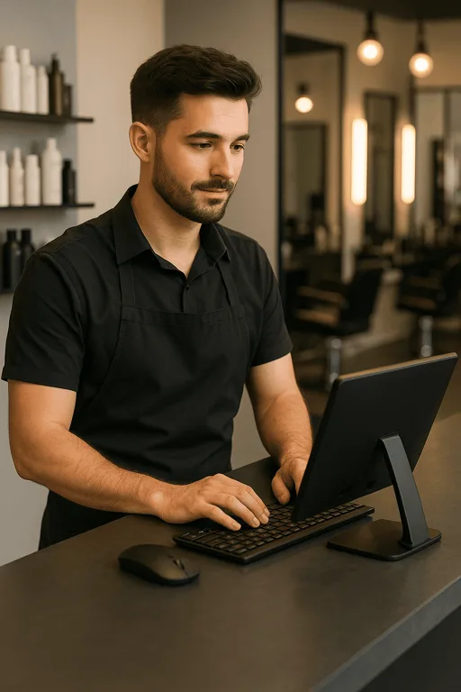 Friseur nutzt Tablet für Kundenverwaltung während der Behandlung