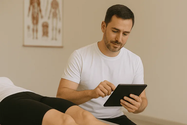 Physiotherapeut nutzt Tablet für Patientenverwaltung während der Behandlung