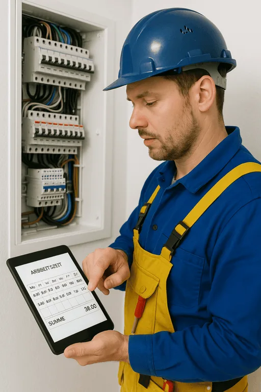 Elektriker nutzt Tablet für digitale Arbeitsberichte vor Ort beim Kunden