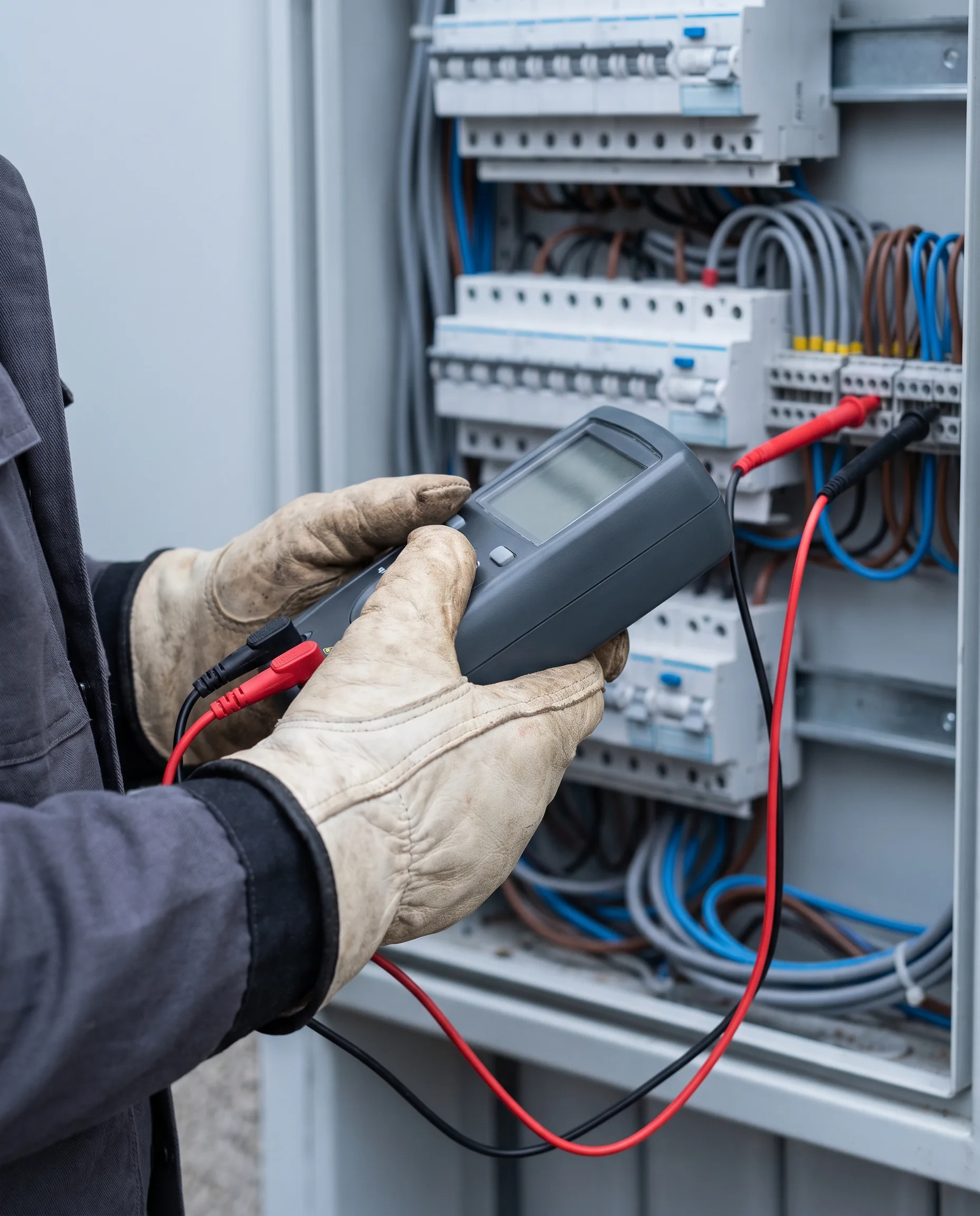Installationstester mit Prüfleitungen an einem offenen Verteiler