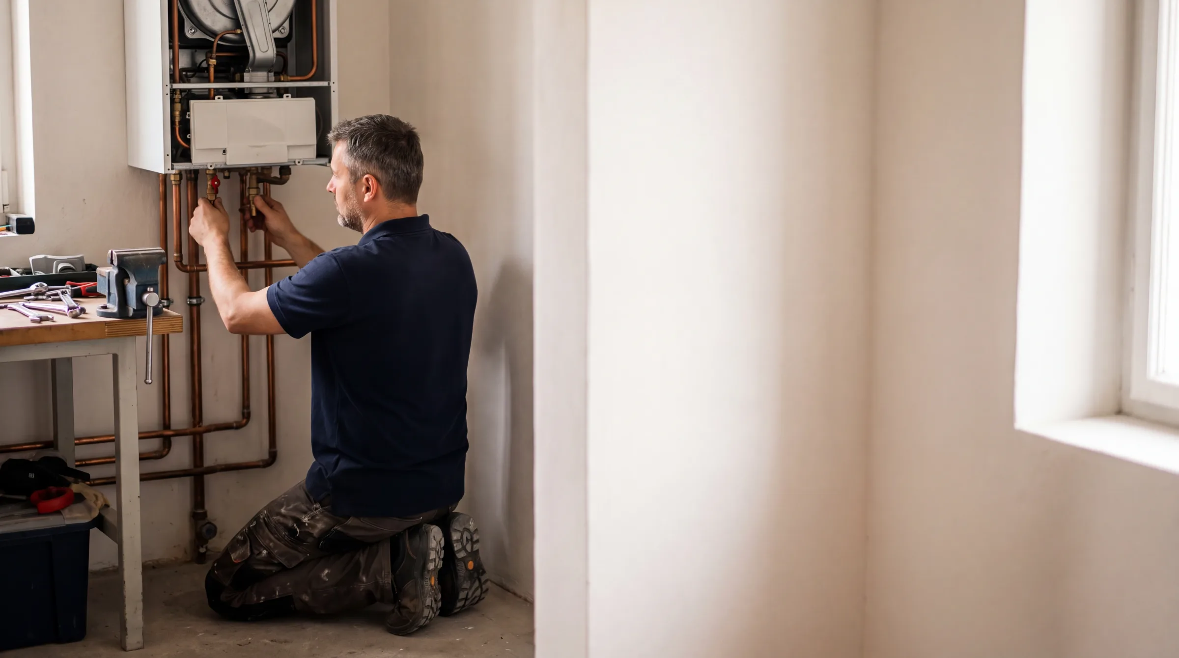 Installateur arbeitet an einer Gastherme im Heizraum