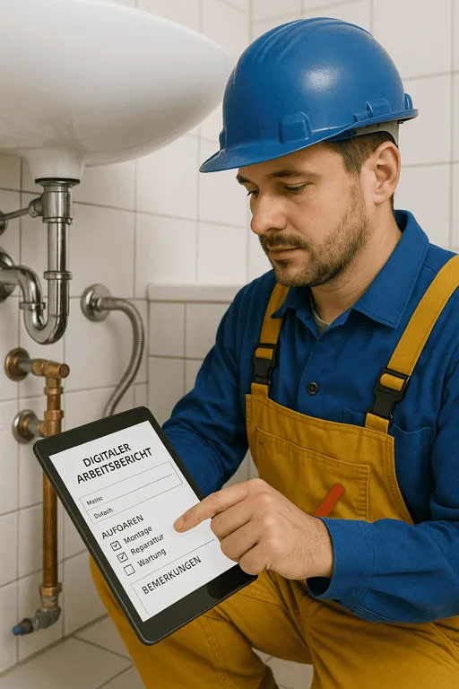 Installateur nutzt Tablet für digitale Arbeitsberichte vor Ort beim Kunden