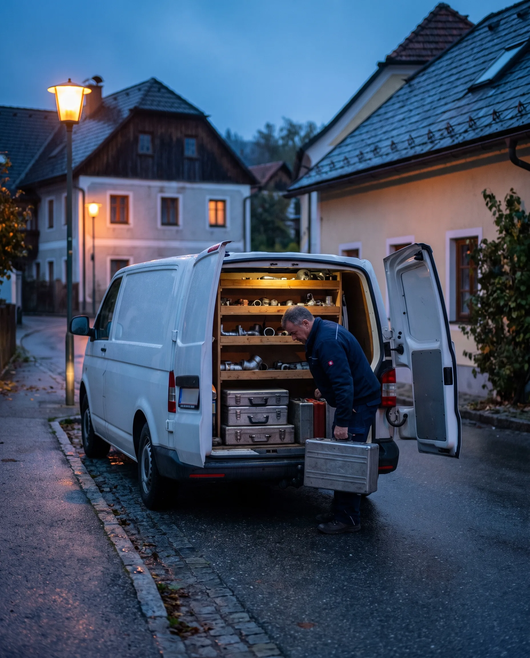 Installateur holt beim Notdienst am Abend einen Werkzeugkoffer aus dem Servicetransporter