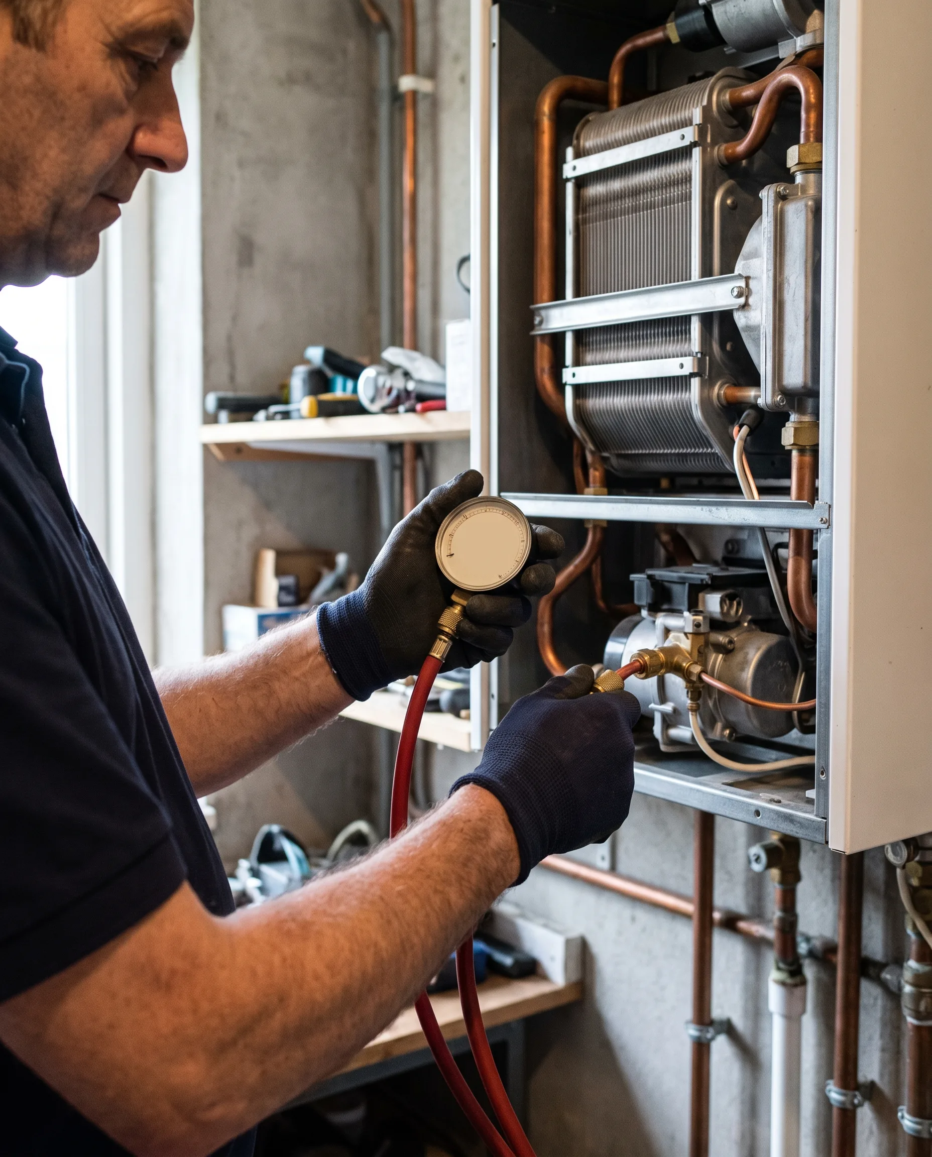 Techniker prüft bei einer Wartung den Druck an einer Gastherme