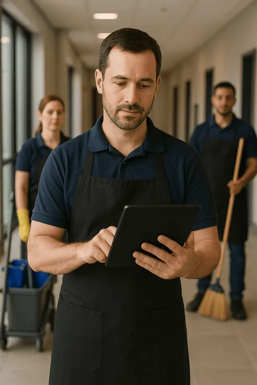Reinigungsteamleiter nutzt Tablet für digitale Auftragsverwaltung im Gebäude