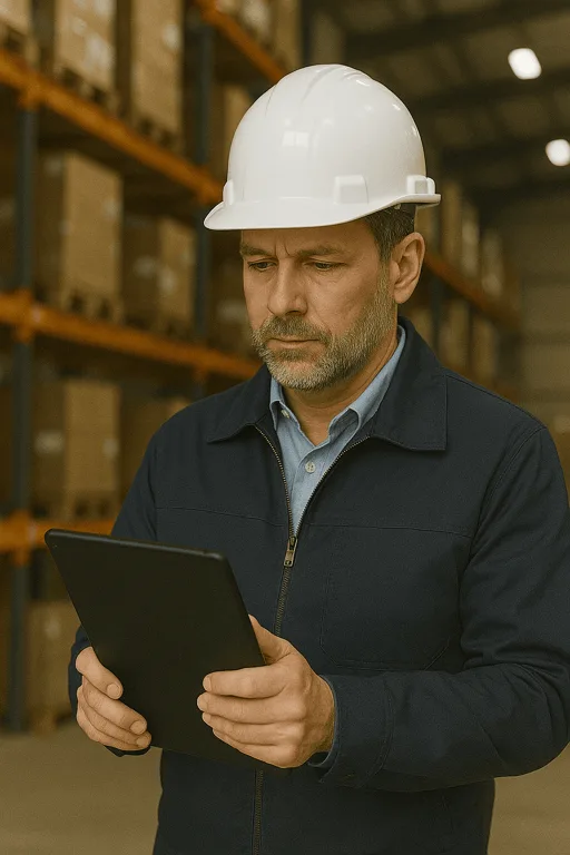 Speditionsleiter nutzt Tablet für digitale Auftragsverwaltung im Lager