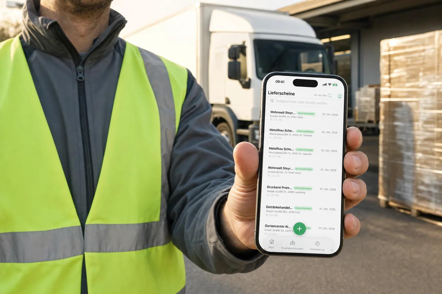 Fahrer in Warnweste an der Laderampe, am iPhone die unterschriebenen Lieferscheine der flinkest-App, dahinter ein LKW