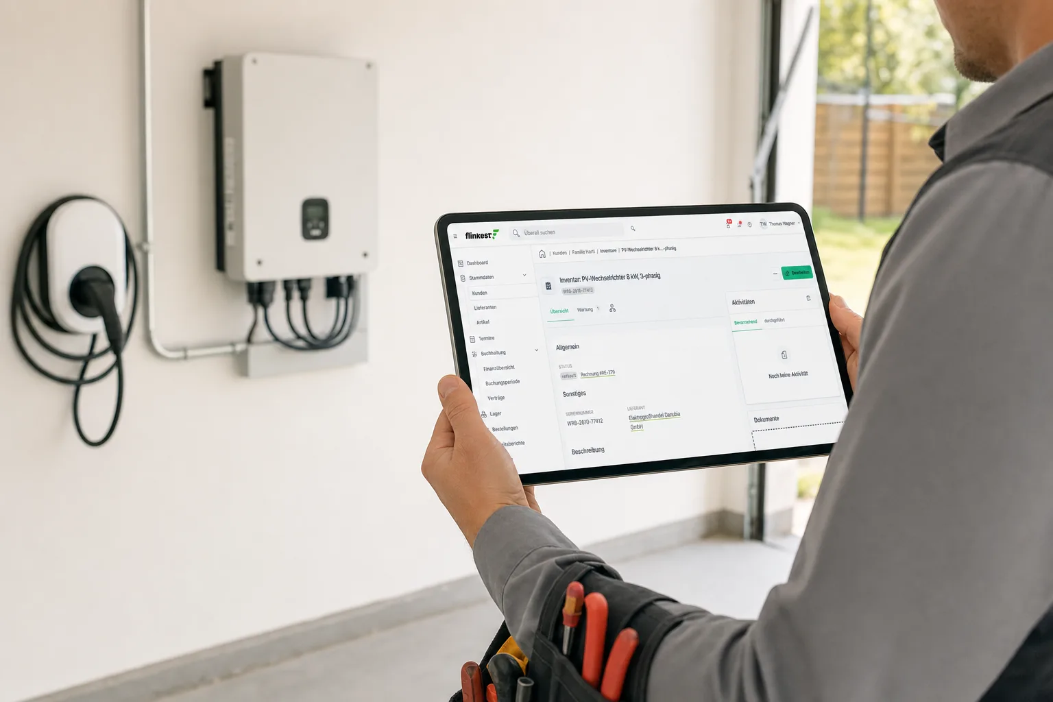 Elektriker in einer Garage mit Wallbox und PV-Wechselrichter, am iPad die Geräteakte des Wechselrichters mit Seriennummer