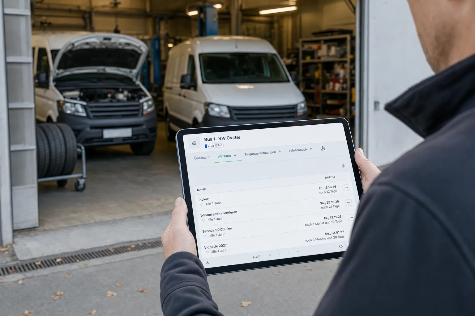 Fuhrpark-Verantwortlicher in der Werkstatt mit dem Tablet, darauf die anstehenden Termine eines Firmenbusses, im Hintergrund zwei Transporter