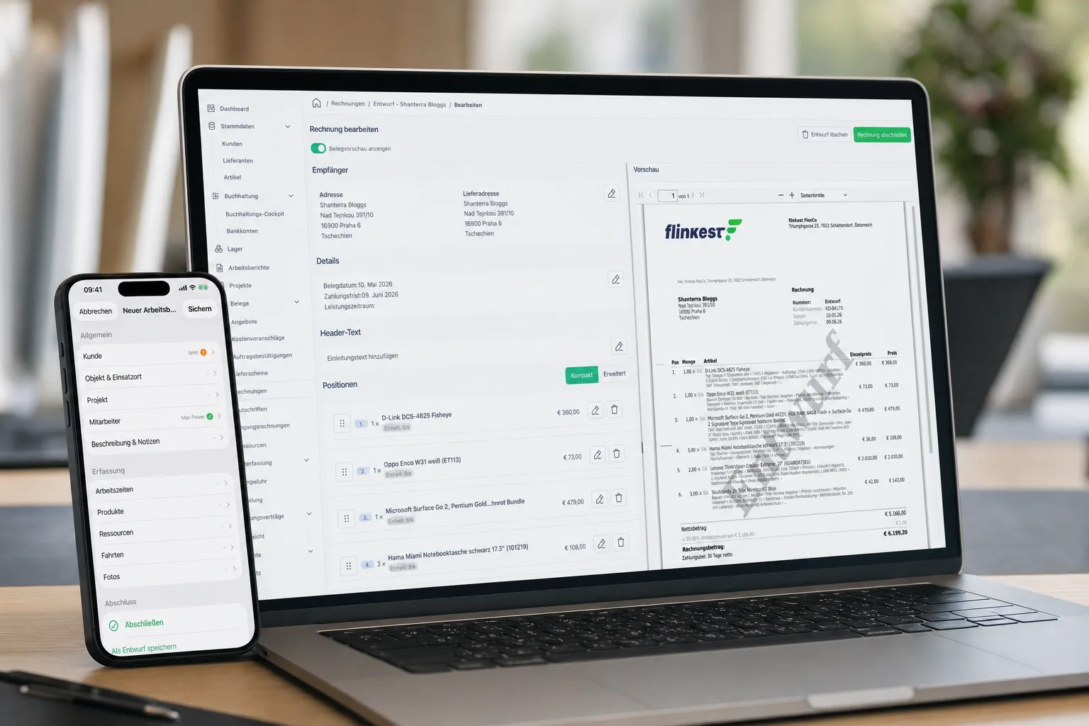 flinkest am Laptop und in der App am Smartphone: Rechnung und Arbeitsbericht