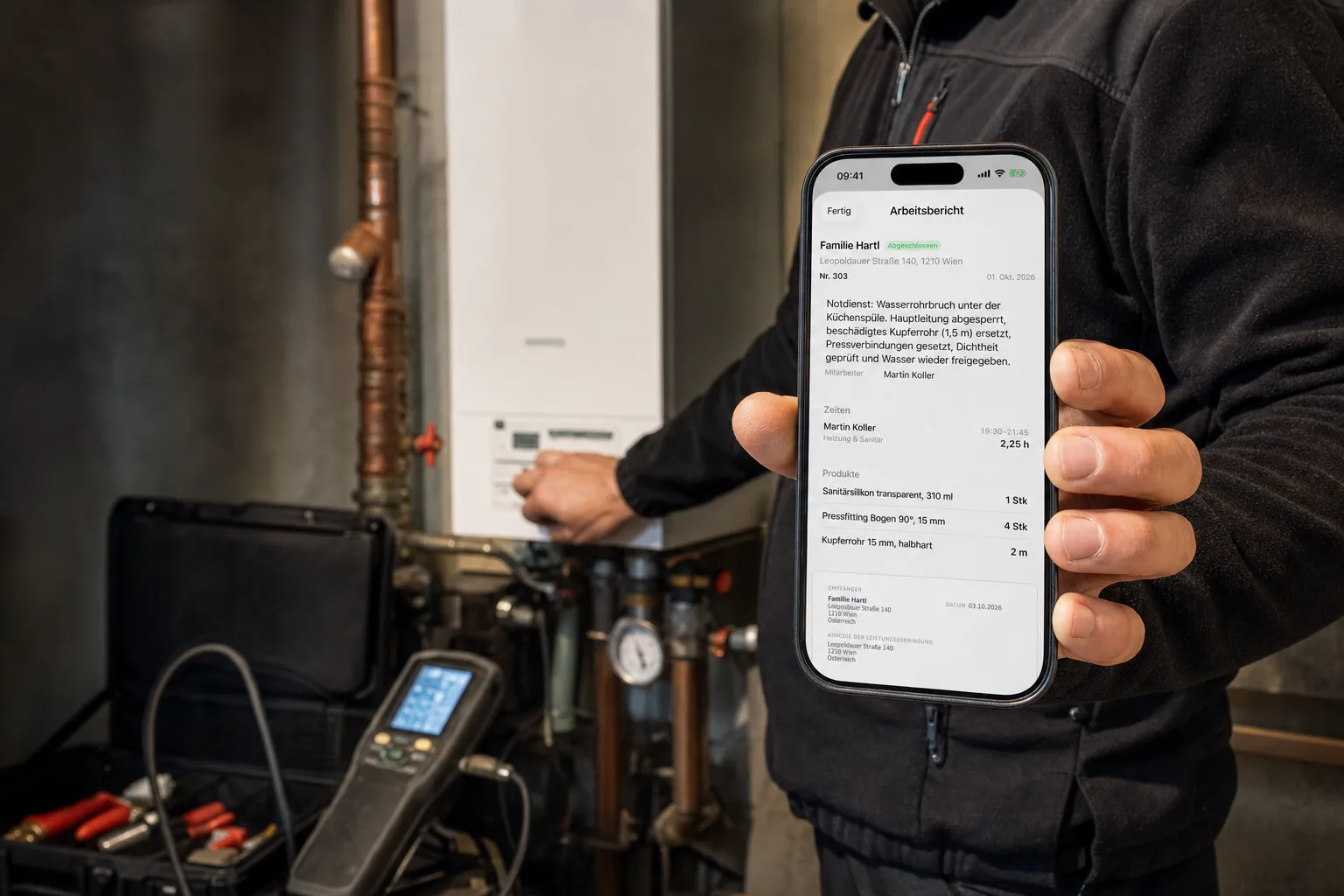 Installateur im Heizraum vor einer Gastherme, am iPhone der Arbeitsbericht eines Notdienst-Einsatzes in der flinkest-App