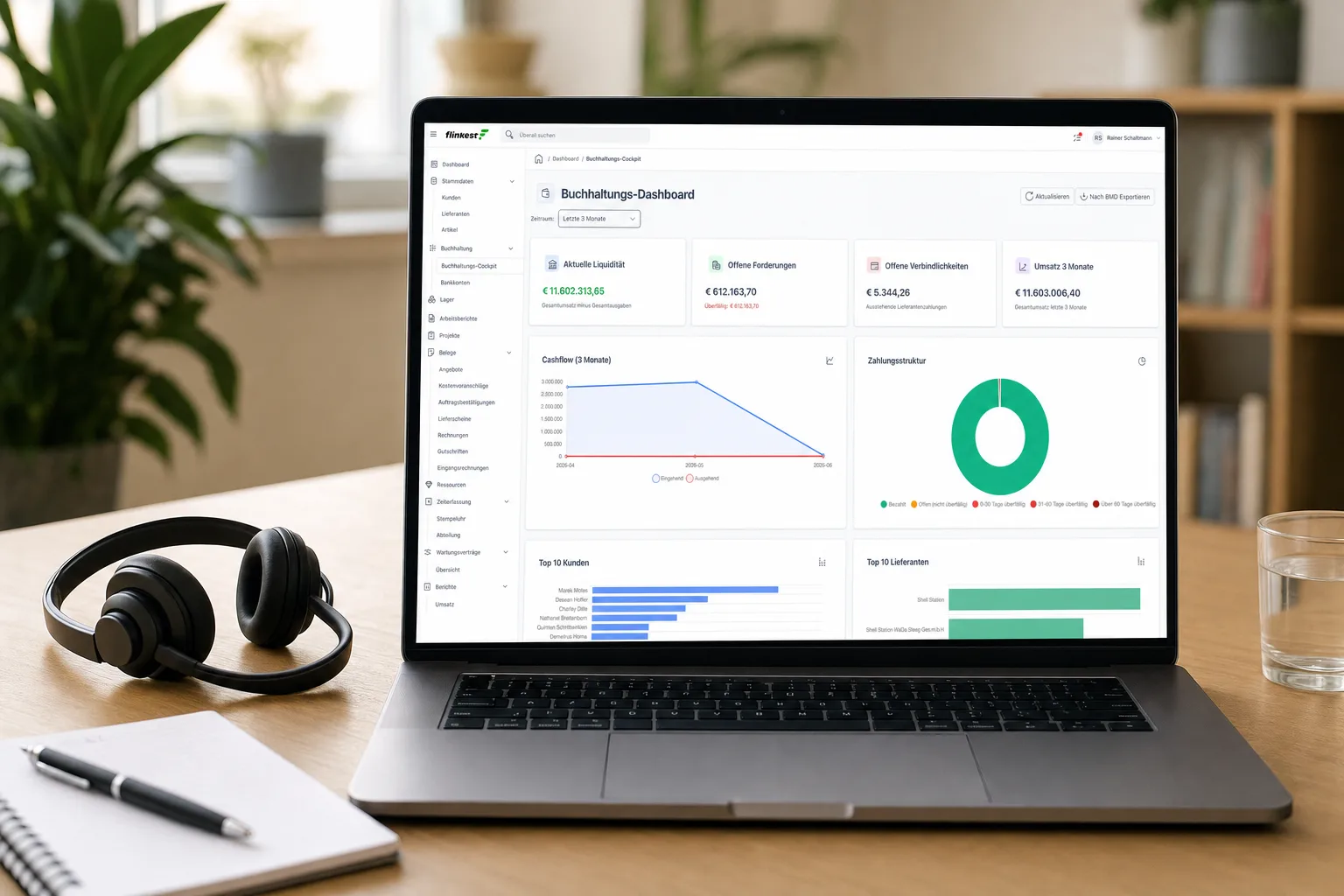 Online-Demo: Laptop mit geteiltem flinkest-Bildschirm und Headset