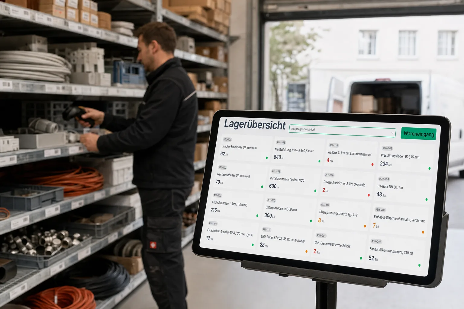 Lager eines Haustechnik-Betriebs: Regale mit Installationsmaterial, ein Mitarbeiter mit Handscanner, am Tablet die Lagerübersicht mit Beständen