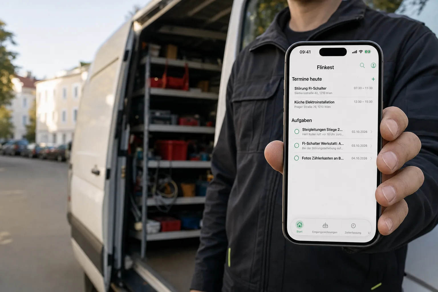 Servicetechniker am offenen Firmenbus, am iPhone die Termine des Tages in der flinkest-App
