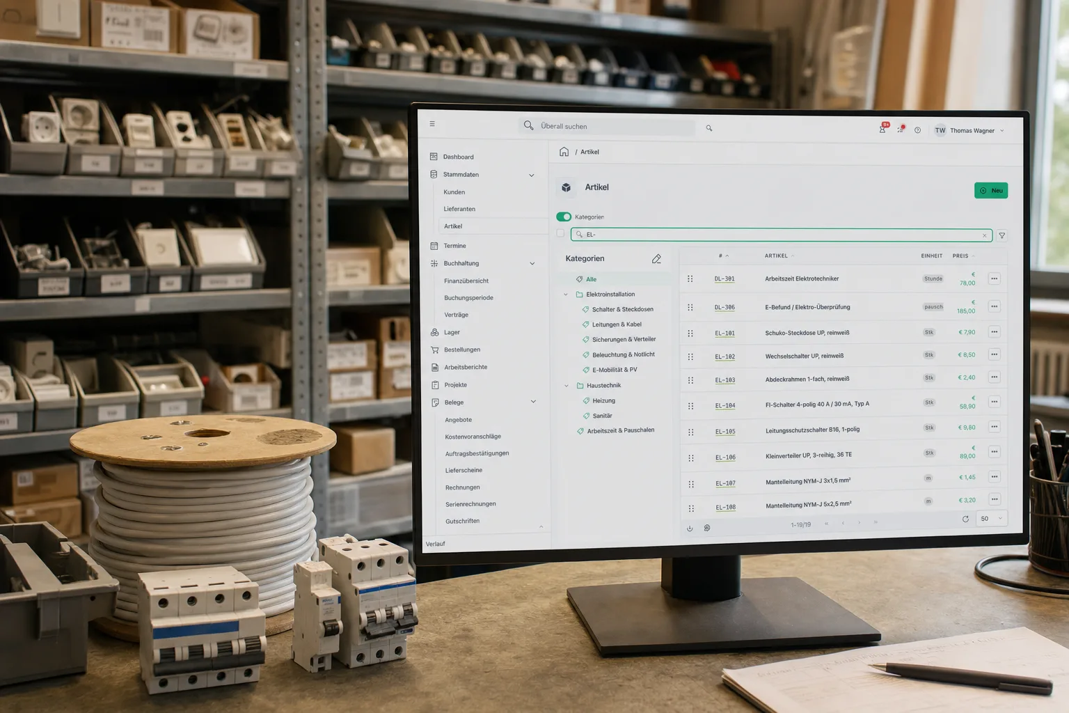 Kleinteilelager eines Elektrobetriebs, am Monitor die Artikelliste in flinkest mit Kategorien, Einheiten und Preisen