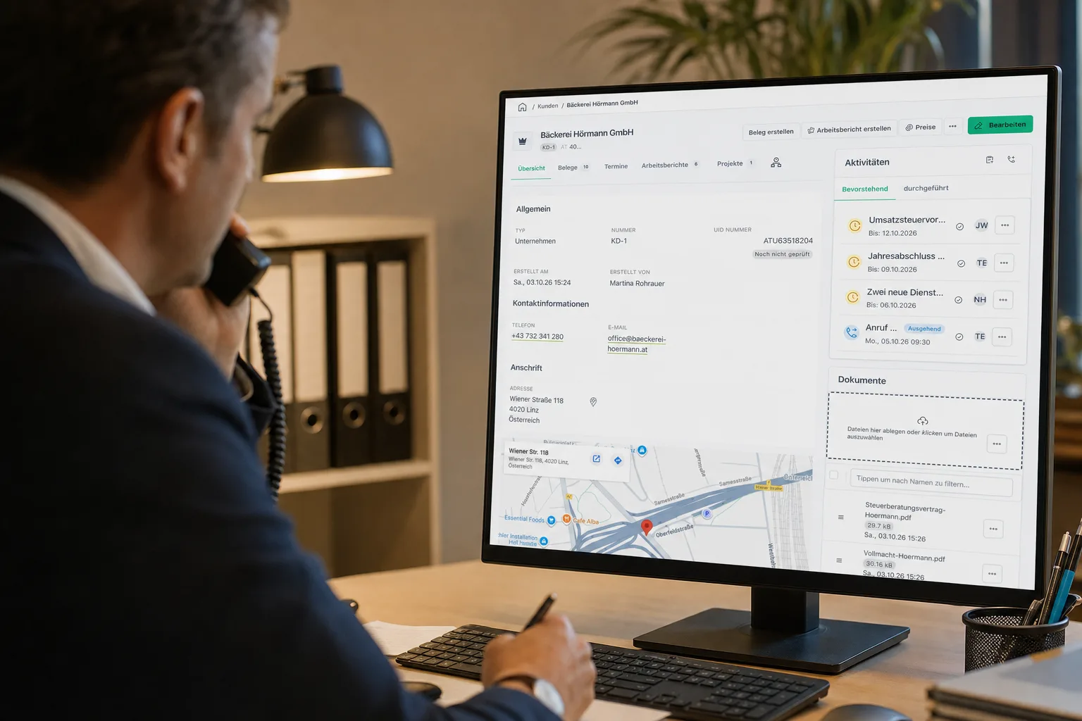 Steuerberater telefoniert und notiert, auf dem Monitor die Mandantenakte mit offenen Aufgaben, geplantem Rückruf und Dokumenten
