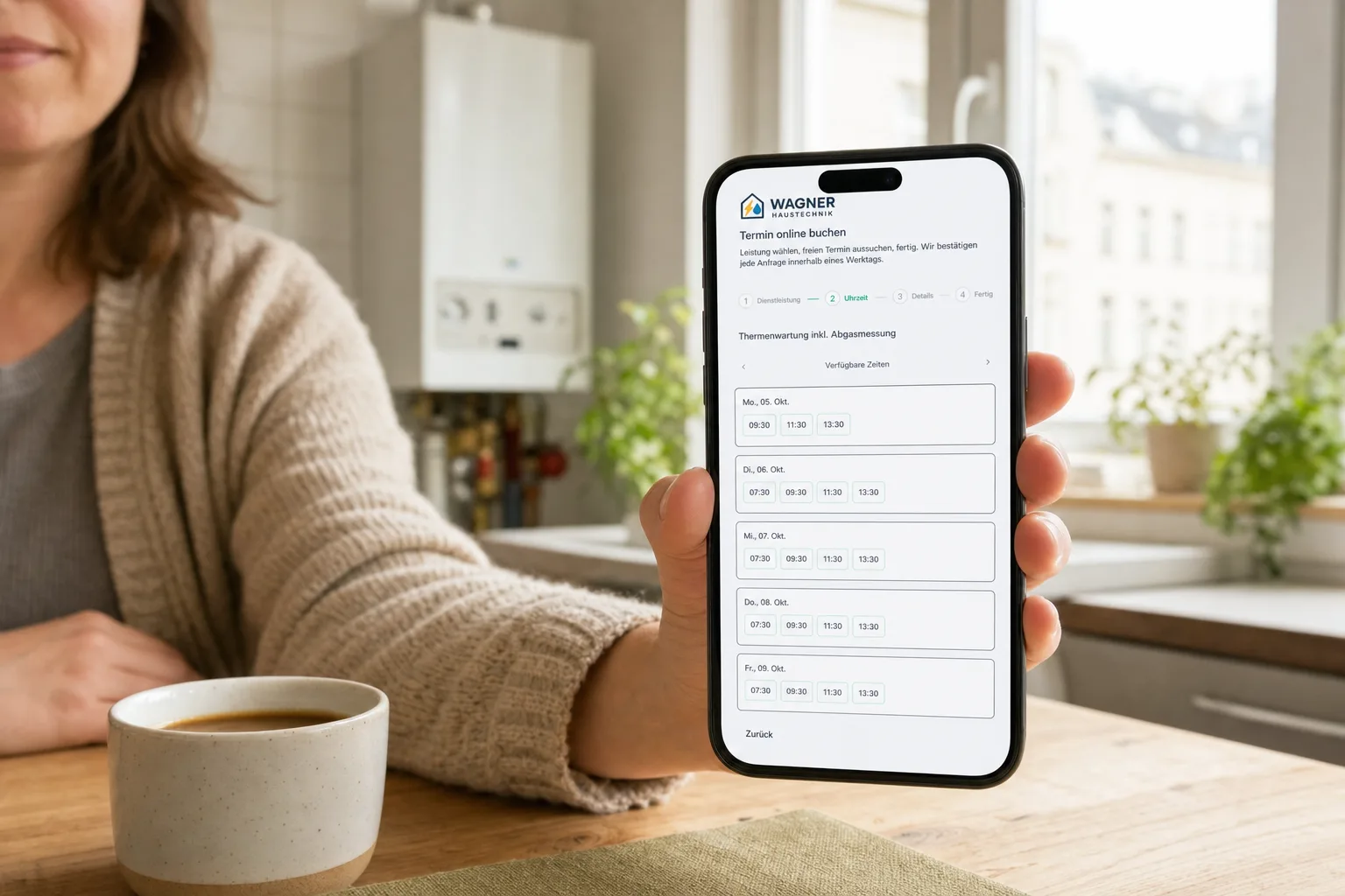 Kundin in der Küche neben der Gastherme bucht am Handy online einen Termin zur Thermenwartung, freie Zeiten je Tag zur Auswahl