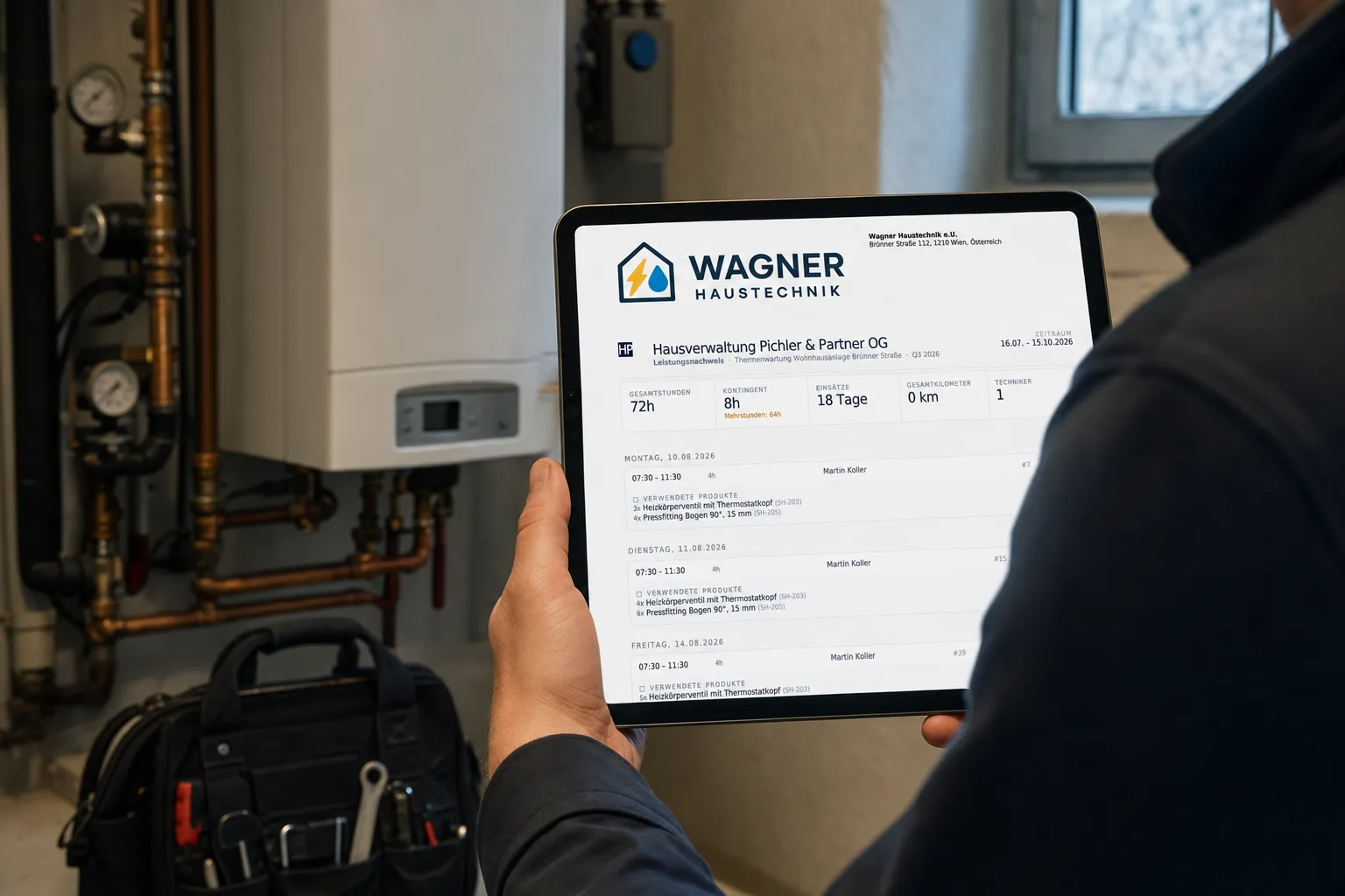 Heizungstechniker im Heizraum mit dem Tablet, darauf der Leistungsnachweis eines Wartungsvertrags mit Stunden und Material