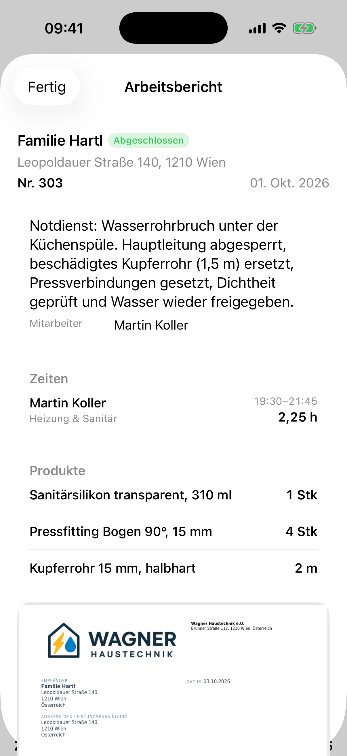 Notdienst-Arbeitsbericht in der flinkest-App am iPhone: Wasserrohrbruch, Arbeitszeit von Martin Koller und das verbaute Material