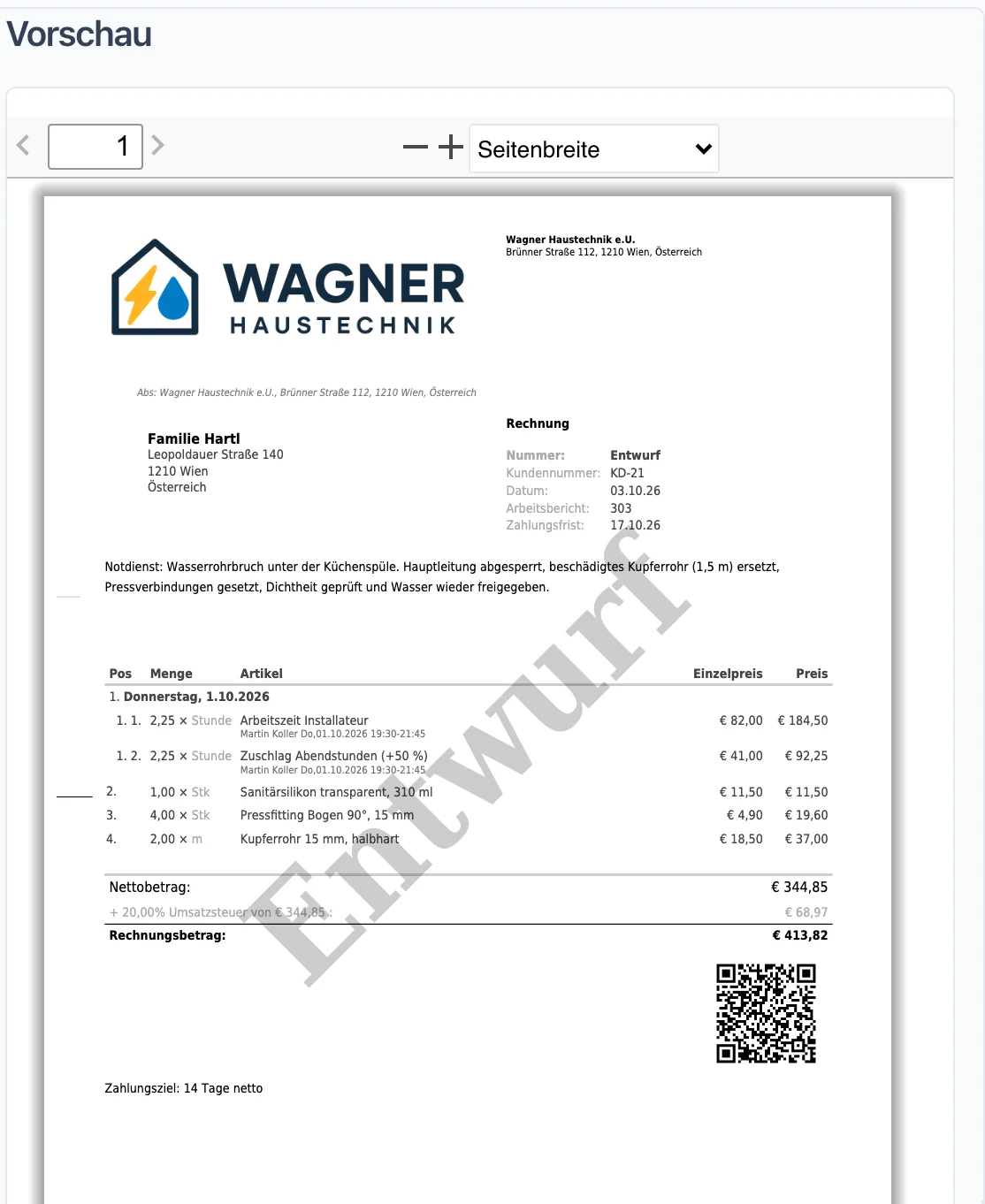 Rechnungsentwurf aus einem Notdienst-Arbeitsbericht: Arbeitszeit Installateur, darunter der Zuschlag für Abendstunden als eigene Position, Material und SEPA-QR-Code