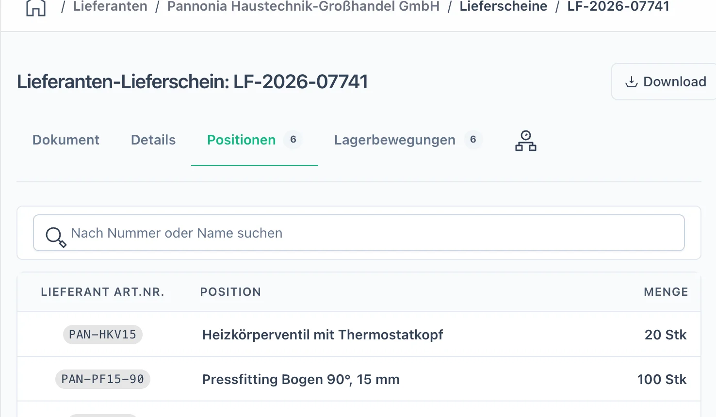 Lieferschein des Haustechnik-Großhändlers, von der KI ausgelesen: Heizkörperventile, Pressfittinge, Kupferrohr, Silikon mit MHD, Spülkasten-Reparaturset