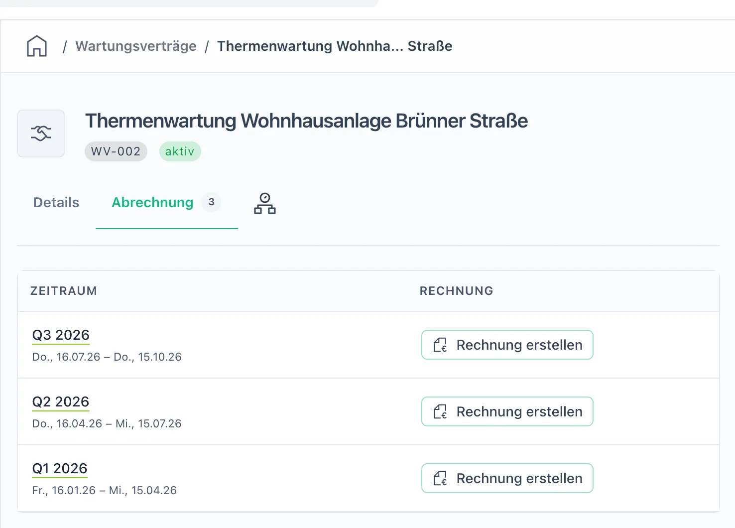Wartungsvertrag „Thermenwartung Wohnhausanlage“: Quartalspauschale, inkludierte Stunden und die abzurechnenden Perioden